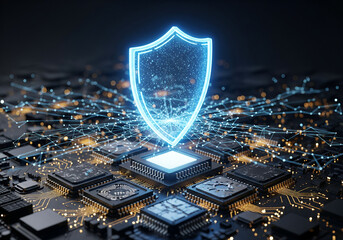 Glowing blue shield symbolizing digital security and data protection over a futuristic circuit board with microchips and interconnected data lines.