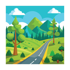Obraz premium Cartoon Road with Hills and Green Woods Drawing