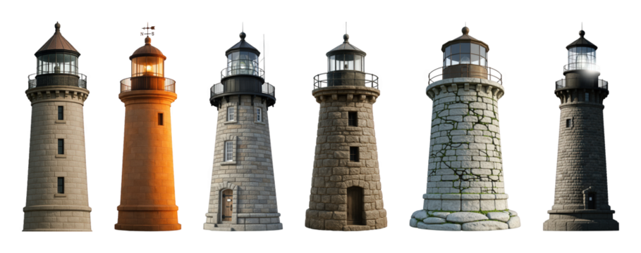 Lighthouse set including different stone, brick, and weathered designs isolated. Nautical and coastal architecture collection.