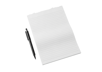 Pristine blank white notebook page, gray lines, torn edge, and sleek matte black pen on a transparent background, overhead studio shot, concept of minimalist design and creative potential