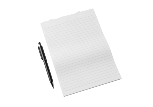 Pristine blank white notebook page, gray lines, torn edge, and sleek matte black pen on a transparent background, overhead studio shot, concept of minimalist design and creative potential