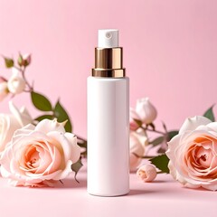 Elegant white bottle with gold accents, surrounded by delicate pink roses, evokes a sense of beauty and femininity.
