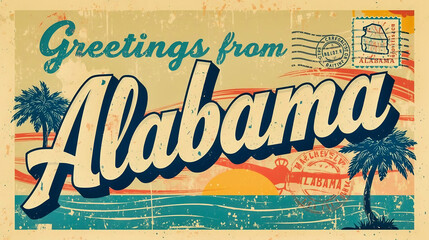Vintage Greetings from Alabama Postcard with Sunset and Stamps.jpg