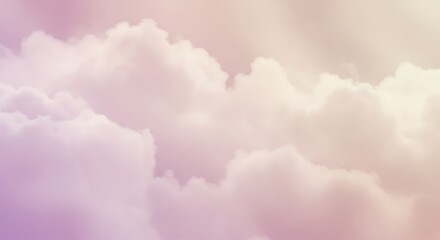 Serene and calming skyscape featuring voluminous cumulus clouds in a soft pastel gradient of lilac, pink, and cream for a dreamy background
