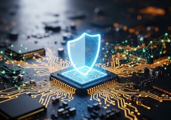 Advanced digital protection technology symbolized by a glowing shield hologram over a central processing unit on a circuit board