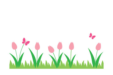 Grass Border with Pink Tulips and Butterflies on White