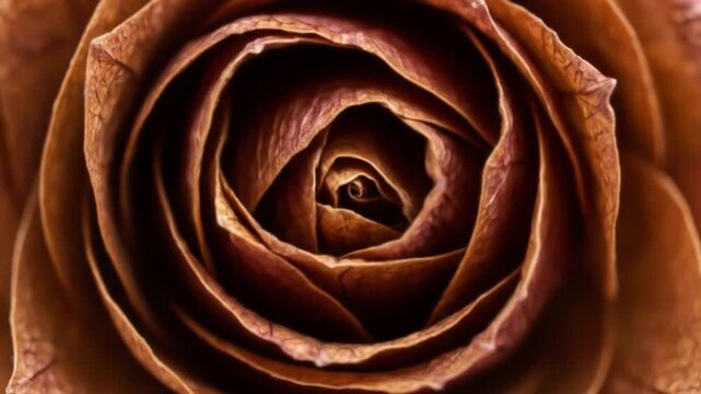 A macro shot showcases a rose its petals forming a spiral pattern in warm brown  rust tones Details of the petals are clear