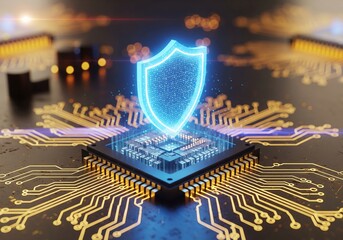 Digital data protection and network security concept with a holographic shield icon on a computer processor