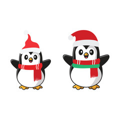 Festive Penguin Duo: Two charming cartoon penguins, adorned in holiday attire of vibrant red hats and scarves, exude cheerful merriment for the festive season.