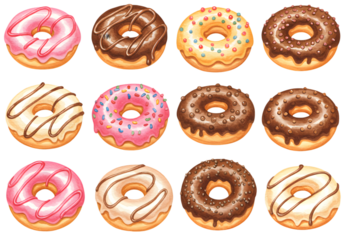 Delicious Glazed Donuts Isolated on Transparent Background Food Illustration