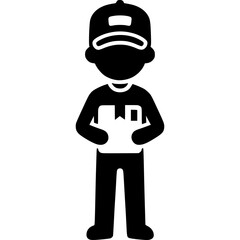 Obraz premium Express Delivery at Your Doorstep: A silhouetted delivery worker, cap perfectly positioned, holding a parcel represents swift service and seamless shipment. Emphasizing quick.