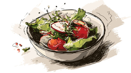 Illustrated bowl of fresh salad with vegetables and herbs.