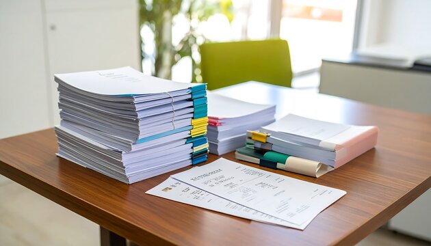 Stacks of documents on a wooden table in an office