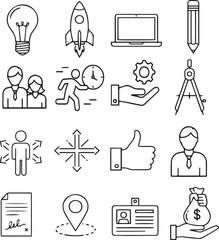 Business line art icon set collection &ndash; startup, teamwork, finance, office, strategy, innovation, productivity, leadership, success, and corporate management.