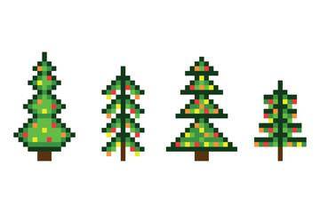  Set of Christmas trees with decorations in pixel art style. Holiday icons of New Year trees. Isolated vector illustration on white background.