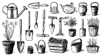 Hand-Drawn Gardening Tools and Plants Illustration