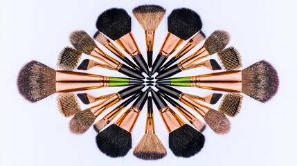 Makeup brushes in circular pattern on white background