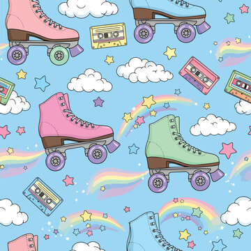 Retro roller skates and cassette tapes floating in a nostalgic sky pattern, seamless pattern, Stock royalty image.