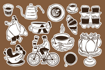 Coffee and dessert doodle stickers in sketch style. Perfect for greeting cards, restaurant menus, posters, postcards, branding, logos, and patterns.