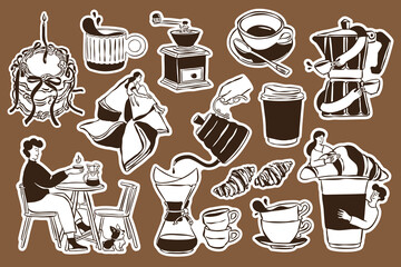 Coffee and dessert doodle stickers in sketch style. Perfect for greeting cards, restaurant menus, posters, postcards, branding, logos, and patterns.