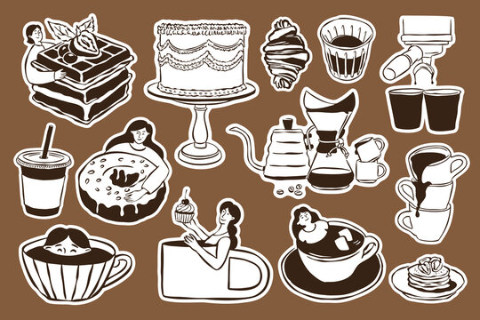 Coffee and dessert doodle stickers in sketch style. Perfect for greeting cards, restaurant menus, posters, postcards, branding, logos, and patterns.