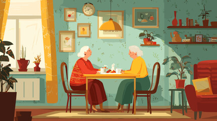 Elderly Women Chatting in Cozy Living Room hand drawn doodle style cozy room 