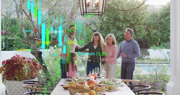 3-generation family on patio taking smartphone selfie animating finance labels rising from table