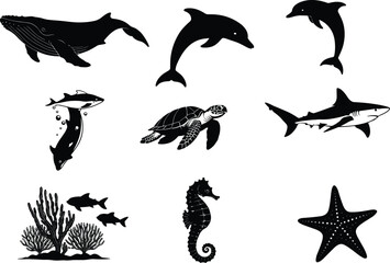 Marine animal silhouettes, whale, dolphin, shark, sea turtle, coral reef, underwater life, ocean creatures, black vector icons, aquatic wildlife illustration