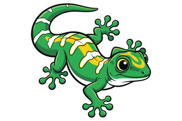 Fototapeta premium Cartoon gecko with green skin and yellow markings, isolated on white background, showcasing its vibrant colors and playful design in a cheerful style vector illustration