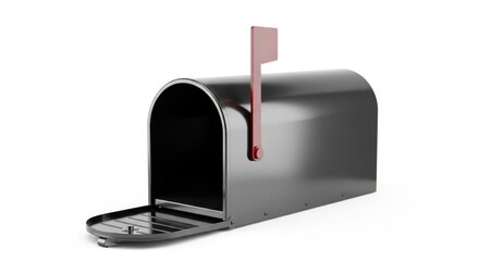 Metallic Mailbox with Red Flag on White Background for Postal Service and Delivery