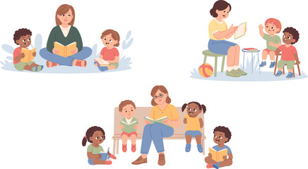 Diverse children reading books with teachers in classroom, group storytime, early childhood education, learning, fun, literacy, interaction, daycare, preschool, reading activity, kids bonding