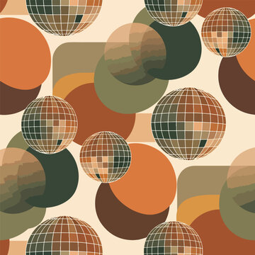 Retro earth tone pattern featuring disco balls, circles and rounded rectangles, patern seamless, royalty stock.