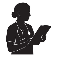 Vector art of silhouette of a nurse with stethoscope holding clipboard