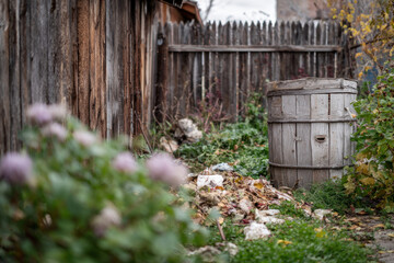Naklejka premium An old wooden barrel sits amidst colorful foliage and blooming flowers in a tranquil garden during autumn