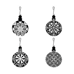 Ornament Collection: Four unique, intricately designed Christmas ornaments, each featuring a different black and white geometric pattern.