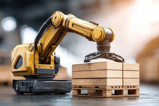 A yellow robotic arm lifts wooden pallets in a busy warehouse, demonstrating active automation