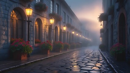 Obraz premium Misty cobblestone street illuminated by gas lamps at dusk