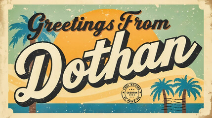Vintage "Greetings From Dothan" Postcard with Sunset, Waves, and Tropical Flair