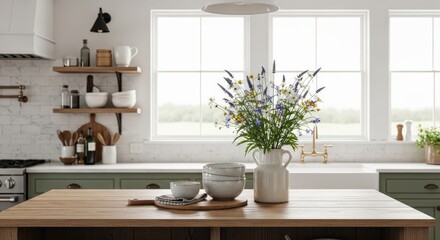 Stylish Kitchen Island With Fresh Flowers and Natural Light