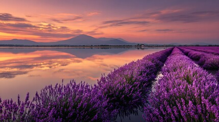 Obraz premium Stunning lavender field mirrors vibrant sunset sky with tranquil lake reflecting distant mountains and soft clouds