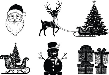 Santa Claus, reindeer sleigh, Christmas tree, snowman, gift boxes, holiday decorations, festive elements, winter celebration, black and white cartoon vector set