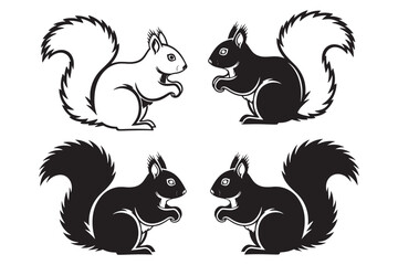 Four squirrels, two black and two white, stand facing each other, their bushy tails adding charm, isolated on white background, creating a playful scene vector illustration