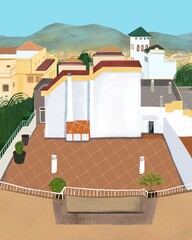 Illustration of a Mediterranean rooftop terrace with terracotta tiles, potted plants, and a scenic view of surrounding buildings and hills.
