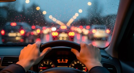 Man driving on road at dusk with blurry car lights in front with water drops on windshield. Traffic jam on a rainy day in the city.