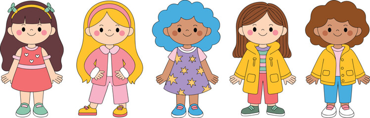 Five diverse cute cartoon girls standing in colorful clothes and shoes, smiling characters, childhood, diversity, kids illustration, happy children
