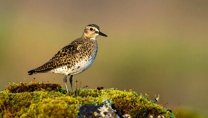 A beautiful golden plover stands perched on a mossy rock, showcasing its intricate plumage patterns and natural surroundings.