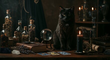 A black cat sits amidst mystical objects, including bottles, crystals, and tarot cards, in a dimly lit room, suggesting a scene of divination or magic.