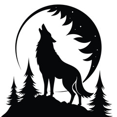 Silhouette of Howling Wolf with Trees Against a Full Moon and Stars