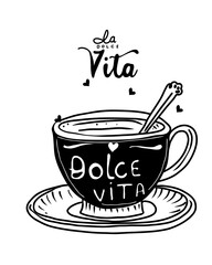 Hand drawn vector vintage doodle illustration. Cup of cappuccino.
