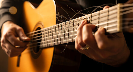 Fototapeta premium Close-up shot of a musician's hands passionately playing chords on a classical acoustic guitar with a frayed, broken string